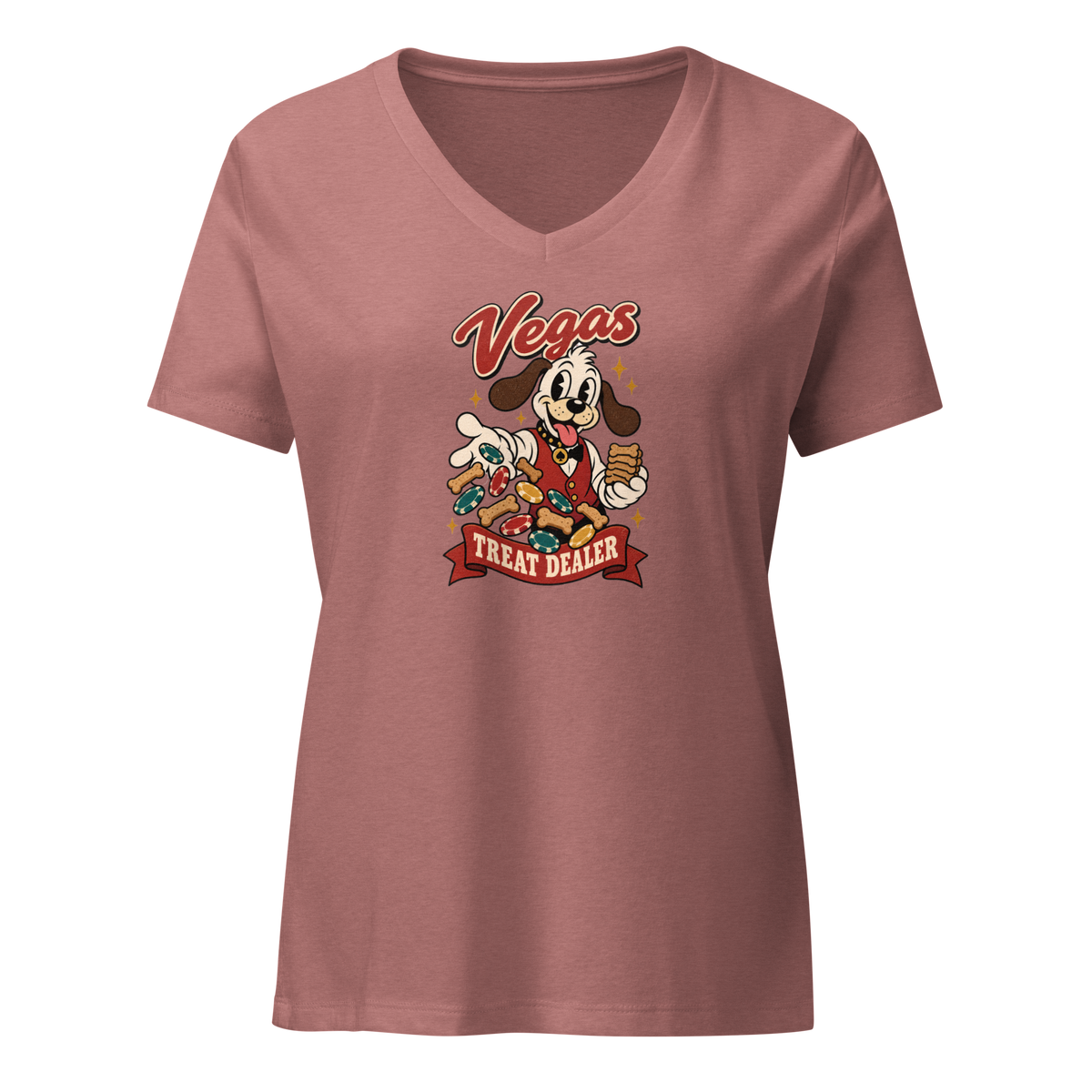 Vegas Treat Dealer V-Neck in Heather Mauve, front view, Lucky the cartoon dog in a dealer vest tossing bone treats and poker chips