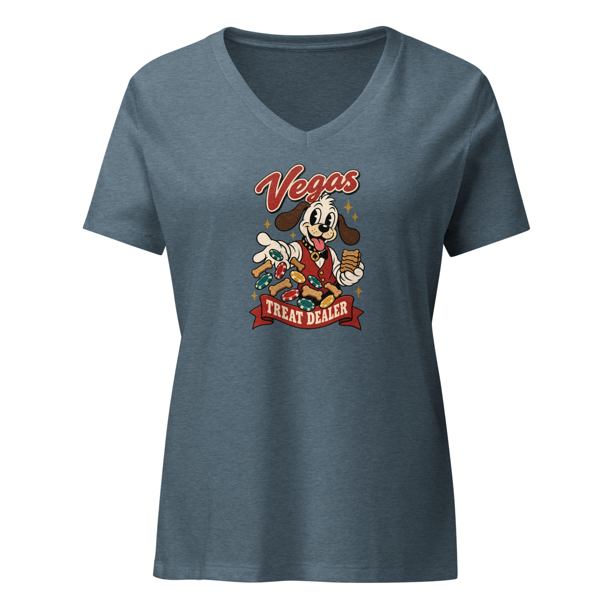 Vegas Treat Dealer V-Neck in Heather Slate, front view, Lucky the cartoon dog in a dealer vest tossing bone treats and poker chips