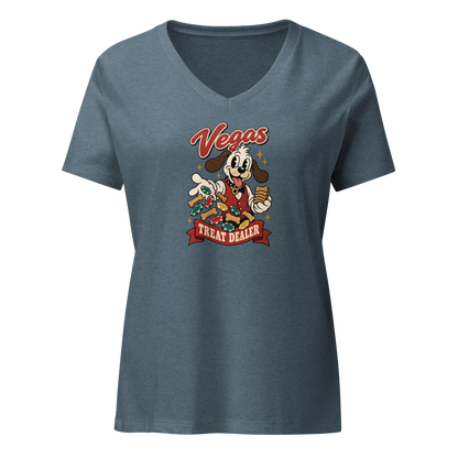 Vegas Treat Dealer V-Neck in Heather Slate, front view, Lucky the cartoon dog in a dealer vest tossing bone treats and poker chips