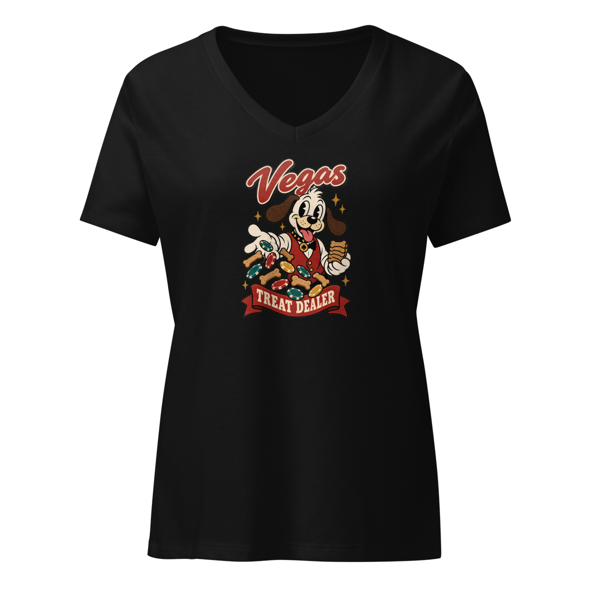 Vegas Treat Dealer V-Neck in Solid Black Blend, front view, Lucky the cartoon dog in a dealer vest tossing bone treats and poker chips
