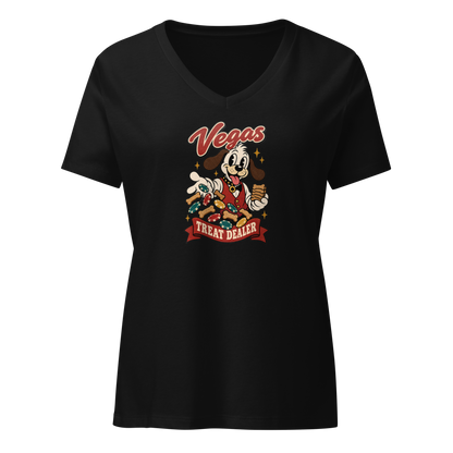 Vegas Treat Dealer V-Neck in Solid Black Blend, front view, Lucky the cartoon dog in a dealer vest tossing bone treats and poker chips