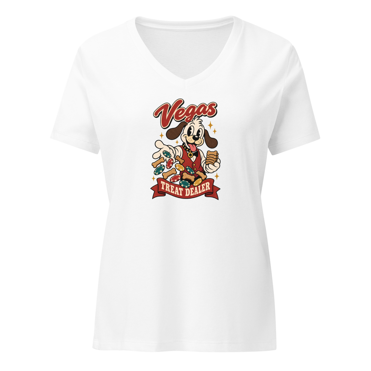 Vegas Treat Dealer V-Neck in Solid White Blend, front view, Lucky the cartoon dog in a dealer vest tossing bone treats and poker chips