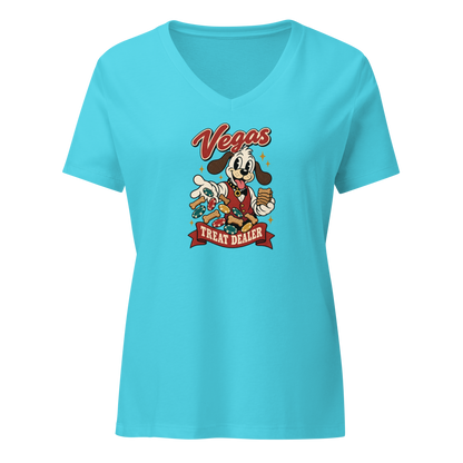 Vegas Treat Dealer V-Neck in Turquoise, front view, Lucky the cartoon dog in a dealer vest tossing bone treats and poker chips