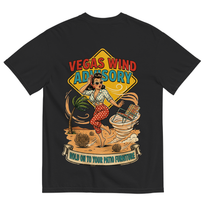Vegas Wind Advisory T-Shirt in Black, back print, Downtown Betty pinup in a desert windstorm