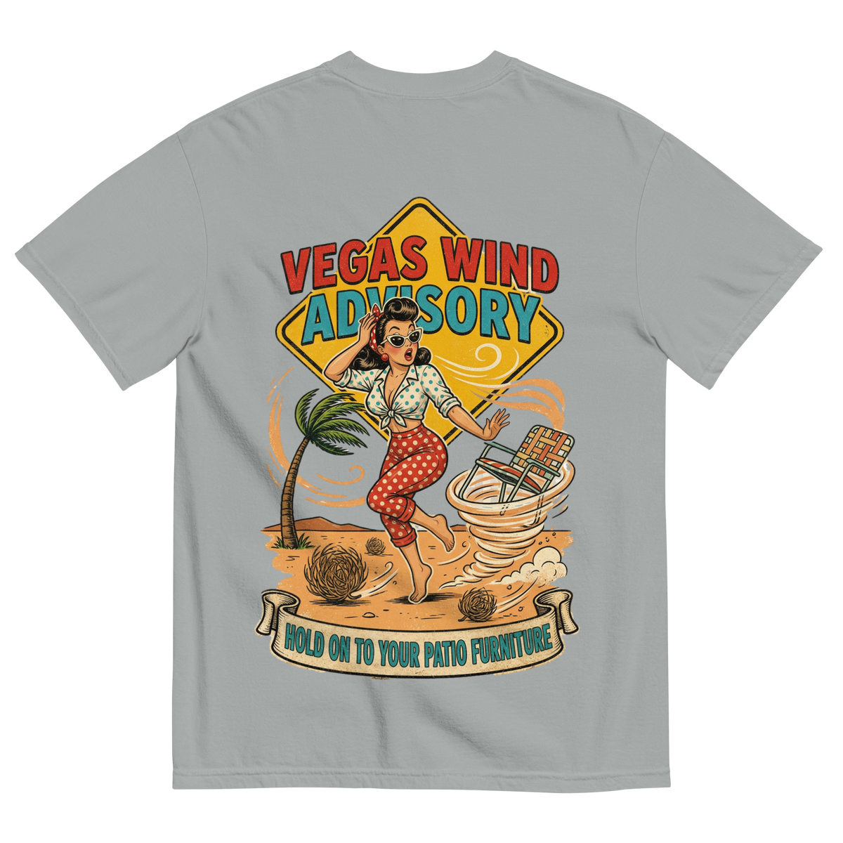 Vegas Wind Advisory T-Shirt in Granite, back print, Downtown Betty pinup in a desert windstorm