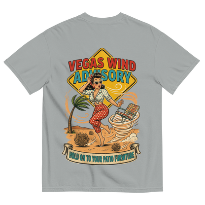 Vegas Wind Advisory T-Shirt in Granite, back print, Downtown Betty pinup in a desert windstorm