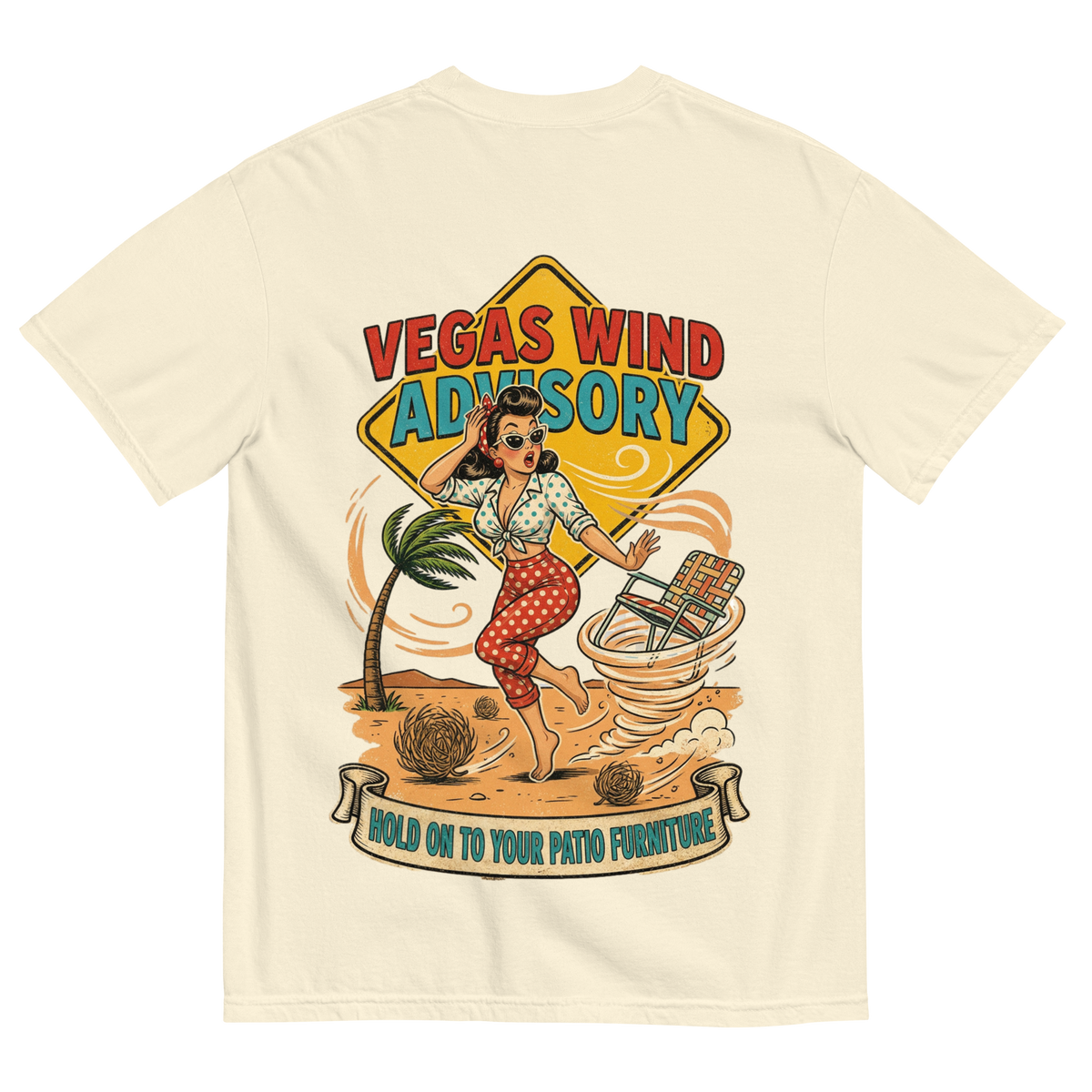 Vegas Wind Advisory T-Shirt in Ivory, back print, Downtown Betty pinup in a desert windstorm