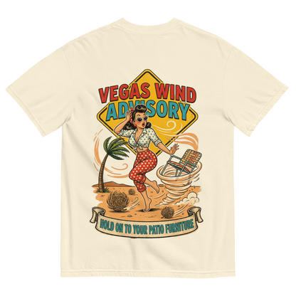 Vegas Wind Advisory T-Shirt in Ivory, back print, Downtown Betty pinup in a desert windstorm