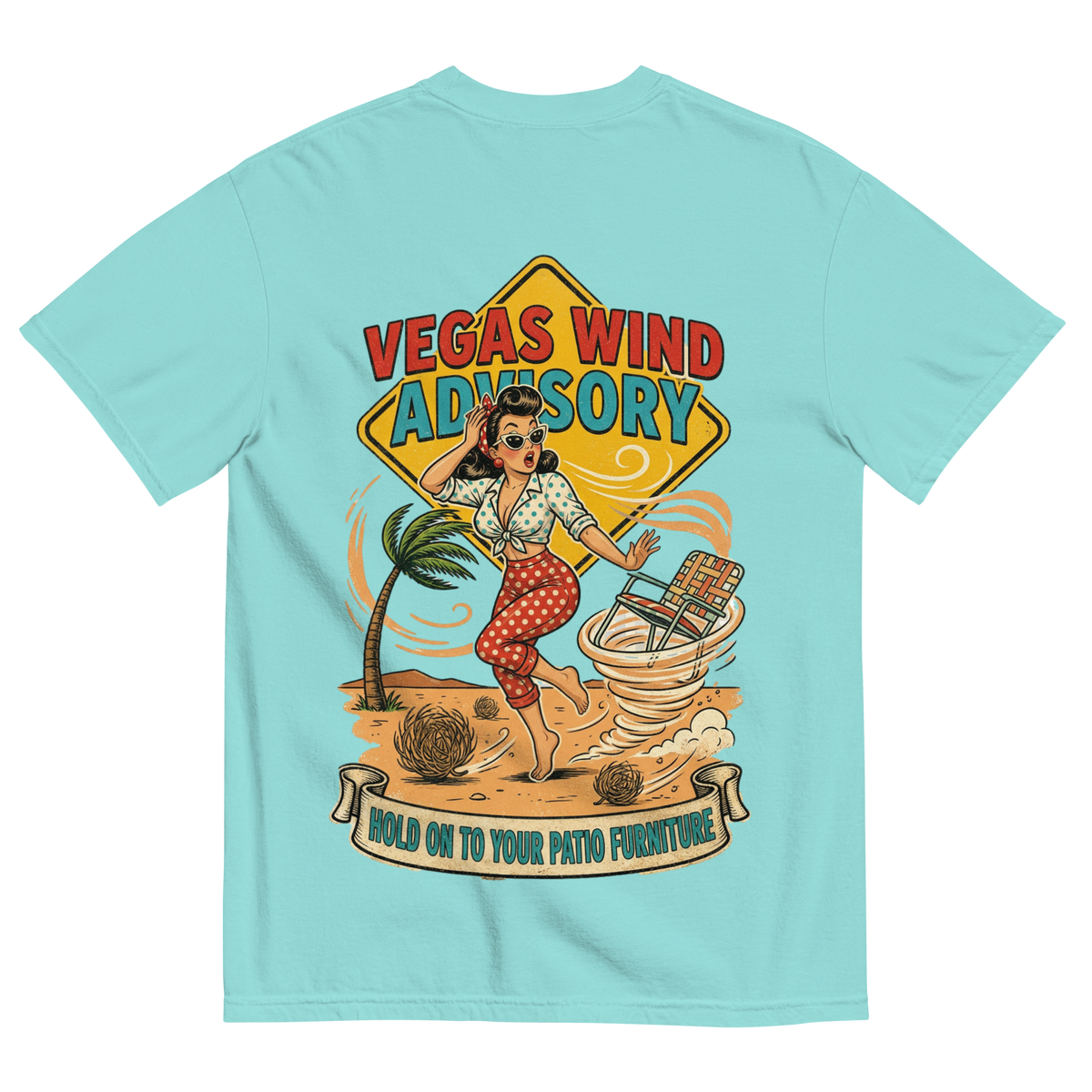 Vegas Wind Advisory T-Shirt in Lagoon Blue, back print, Downtown Betty pinup in a desert windstorm