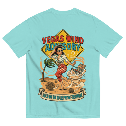 Vegas Wind Advisory T-Shirt in Lagoon Blue, back print, Downtown Betty pinup in a desert windstorm