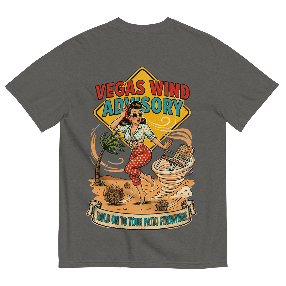 Vegas Wind Advisory T-Shirt in Pepper, back print, Downtown Betty pinup in a desert windstorm