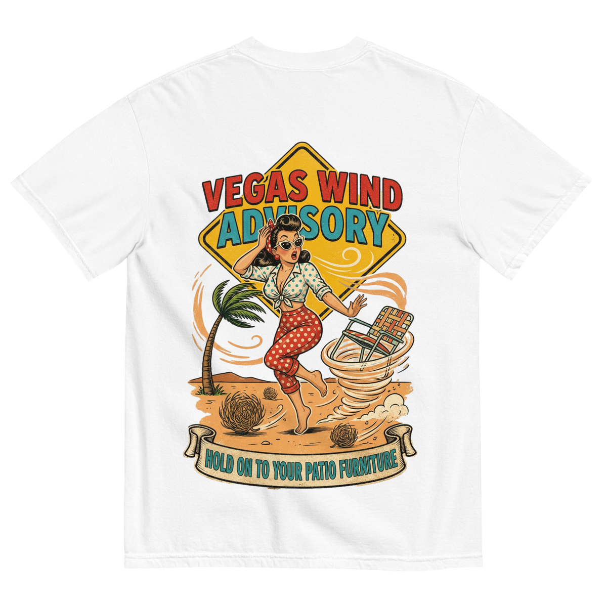 Vegas Wind Advisory T-Shirt in White, back print, Downtown Betty pinup in a desert windstorm