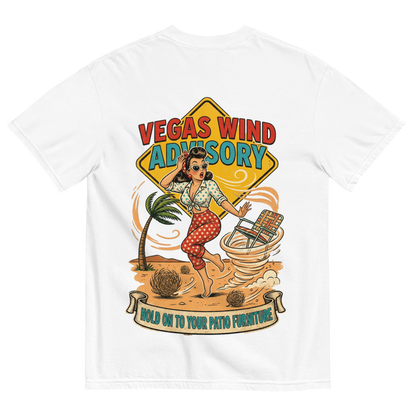 Vegas Wind Advisory T-Shirt in White, back print, Downtown Betty pinup in a desert windstorm