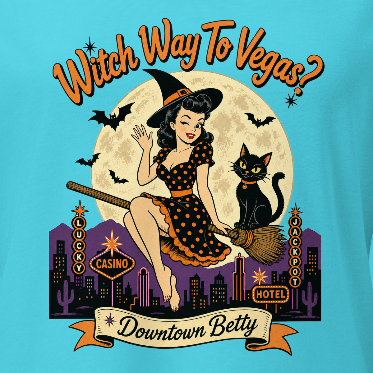 Witch Way To Vegas V-Neck in Turquoise, close-up of the front print, Downtown Betty pinup witch on a broom over a neon Vegas skyline