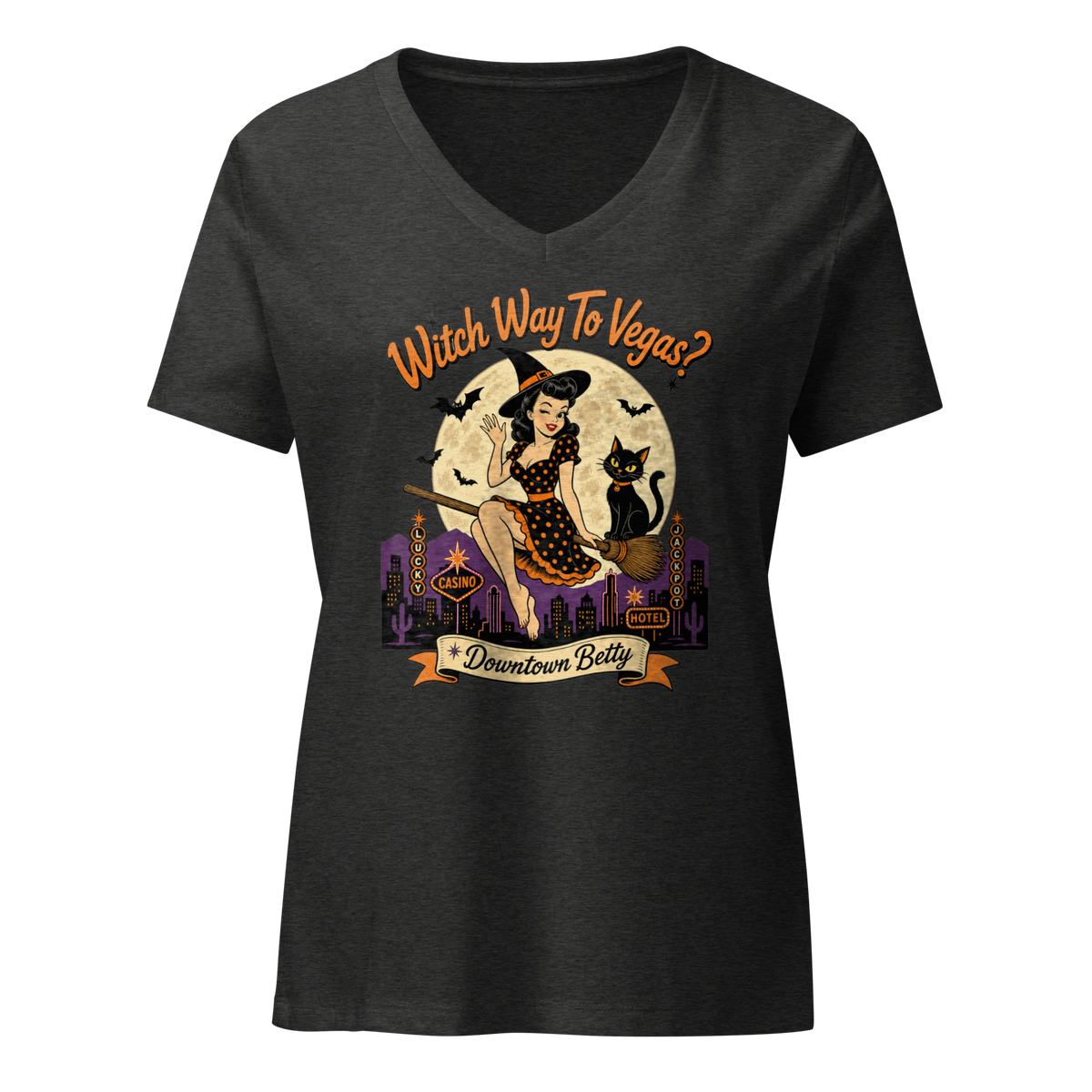 Witch Way To Vegas V-Neck in Dark Grey Heather, front view, retro pinup witch and black cat Halloween graphic