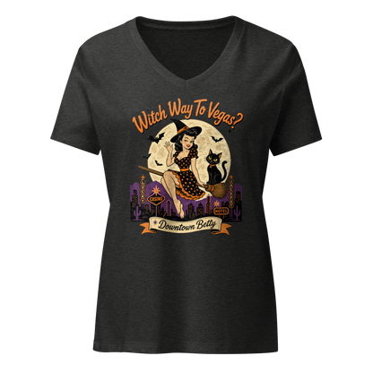 Witch Way To Vegas V-Neck in Dark Grey Heather, front view, retro pinup witch and black cat Halloween graphic