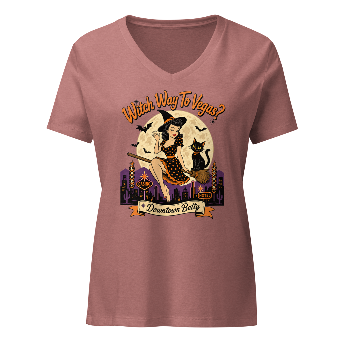 Witch Way To Vegas V-Neck in Heather Mauve, front view, retro pinup witch and black cat Halloween graphic