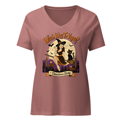 Witch Way To Vegas V-Neck in Heather Mauve, front view, retro pinup witch and black cat Halloween graphic