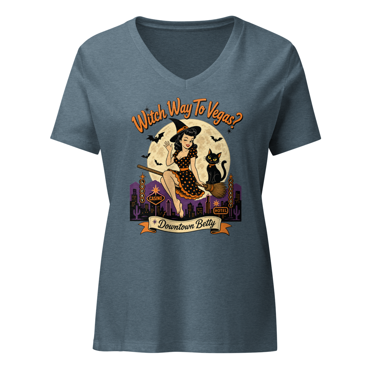 Witch Way To Vegas V-Neck in Heather Slate, front view, retro pinup witch and black cat Halloween graphic