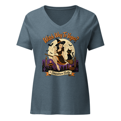 Witch Way To Vegas V-Neck in Heather Slate, front view, retro pinup witch and black cat Halloween graphic