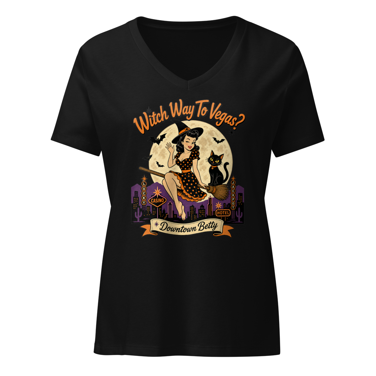 Witch Way To Vegas V-Neck in Solid Black Blend, front view, retro pinup witch and black cat Halloween graphic