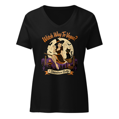 Witch Way To Vegas V-Neck in Solid Black Blend, front view, retro pinup witch and black cat Halloween graphic