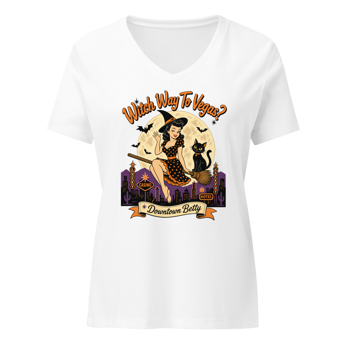 Witch Way To Vegas V-Neck in Solid White Blend, front view, retro pinup witch and black cat Halloween graphic