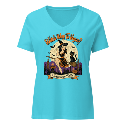 Witch Way To Vegas V-Neck in Turquoise, front view, retro pinup witch and black cat Halloween graphic
