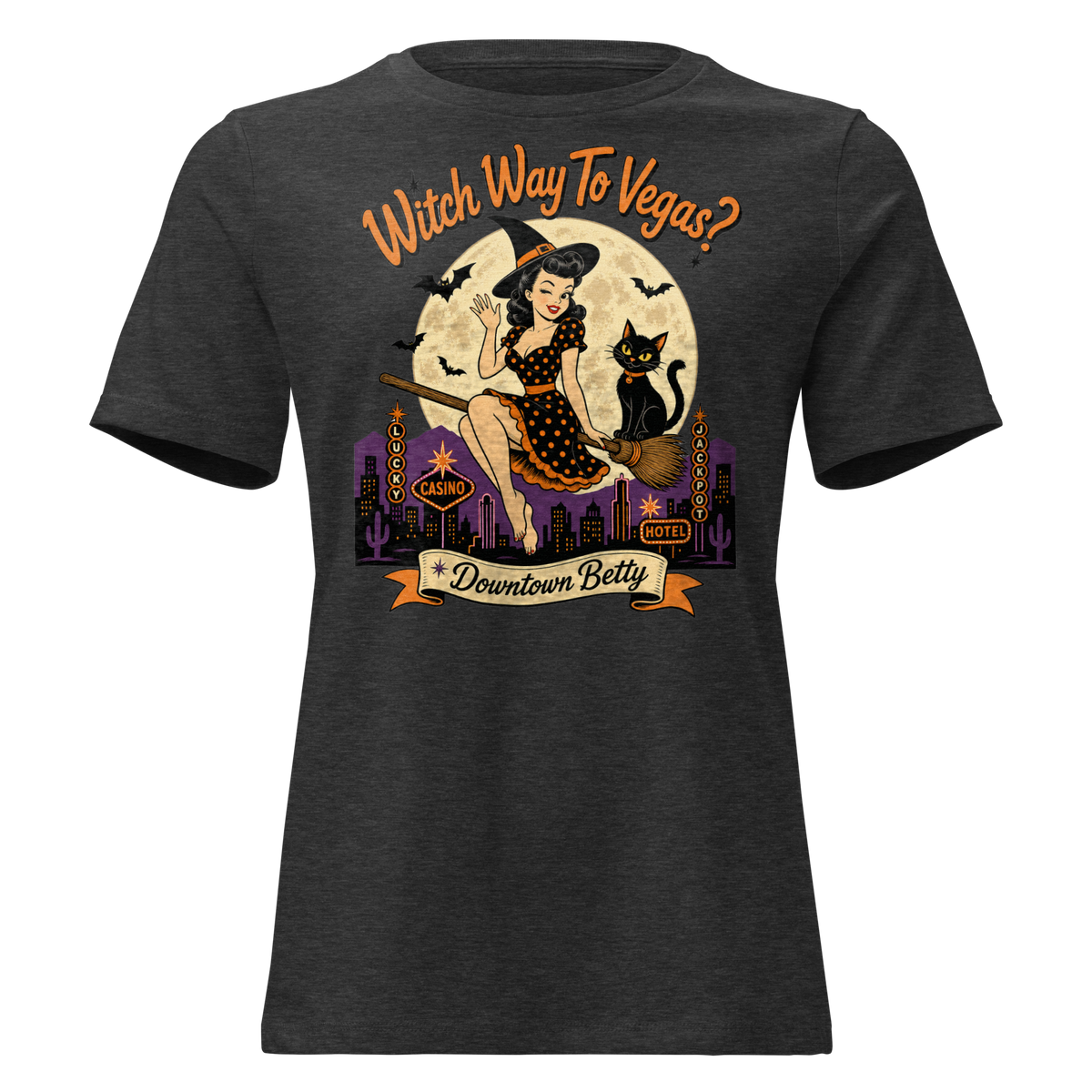 Witch Way To Vegas Relaxed T-Shirt in Dark Grey Heather, front view, retro pinup witch and black cat Halloween graphic