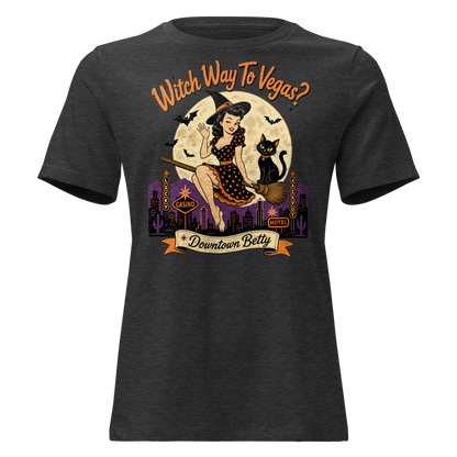 Witch Way To Vegas Relaxed T-Shirt in Dark Grey Heather, front view, retro pinup witch and black cat Halloween graphic