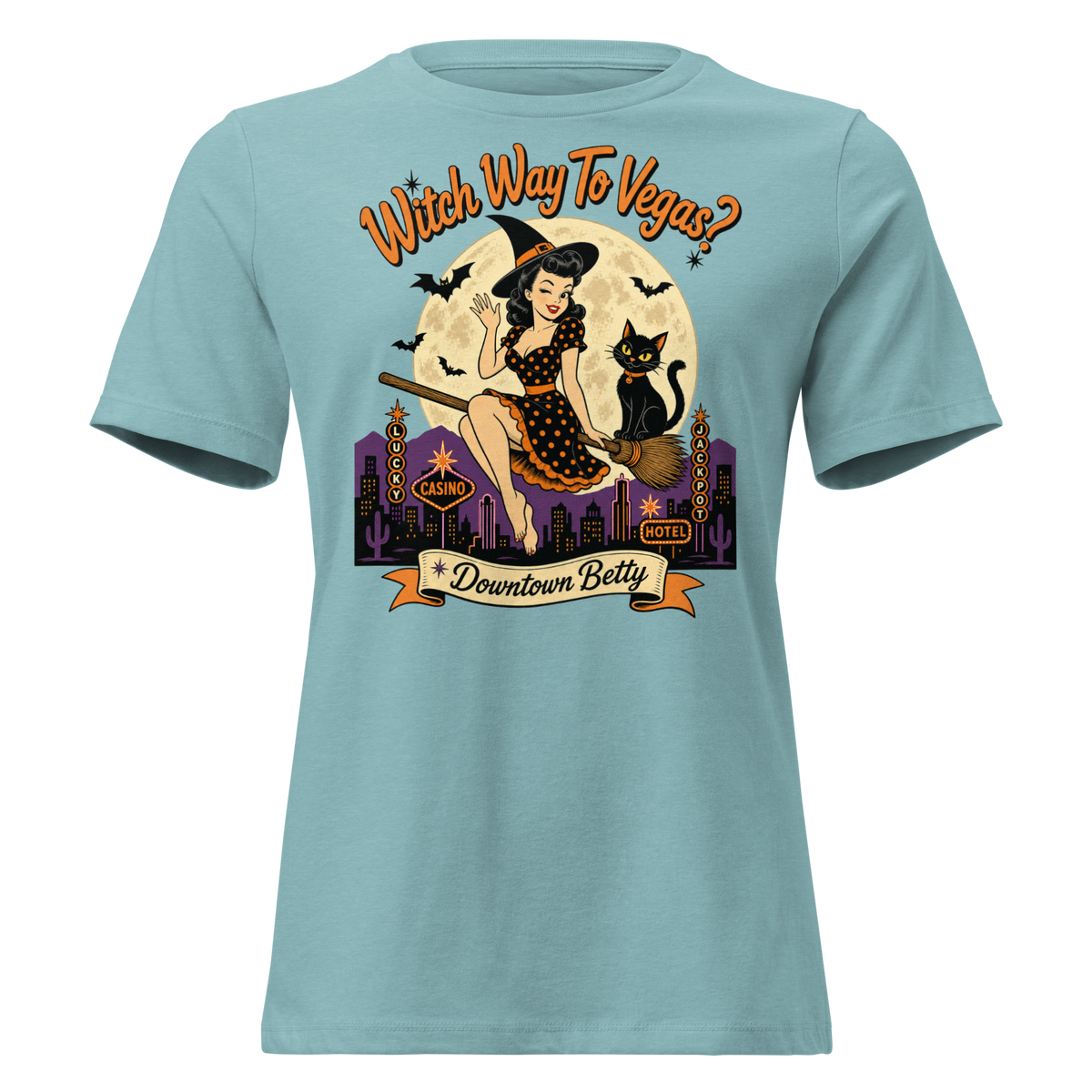 Witch Way To Vegas Relaxed T-Shirt in Heather Blue Lagoon, front view, retro pinup witch and black cat Halloween graphic