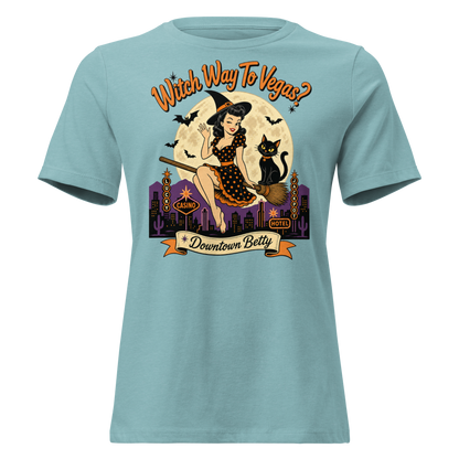 Witch Way To Vegas Relaxed T-Shirt in Heather Blue Lagoon, front view, retro pinup witch and black cat Halloween graphic