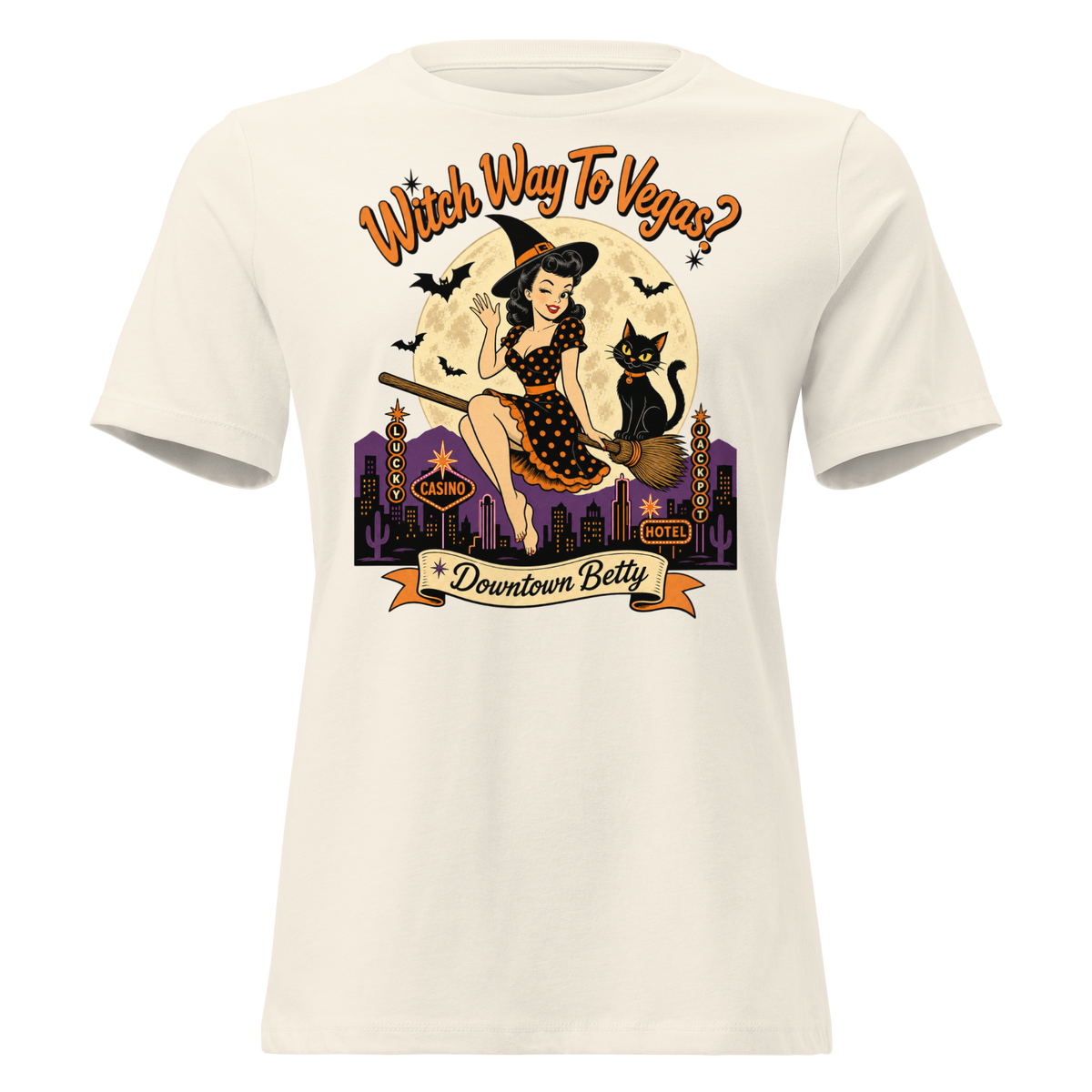 Witch Way To Vegas Relaxed T-Shirt in Natural, front view, retro pinup witch and black cat Halloween graphic