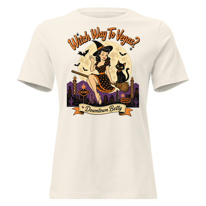 Witch Way To Vegas Relaxed T-Shirt in Natural, front view, retro pinup witch and black cat Halloween graphic