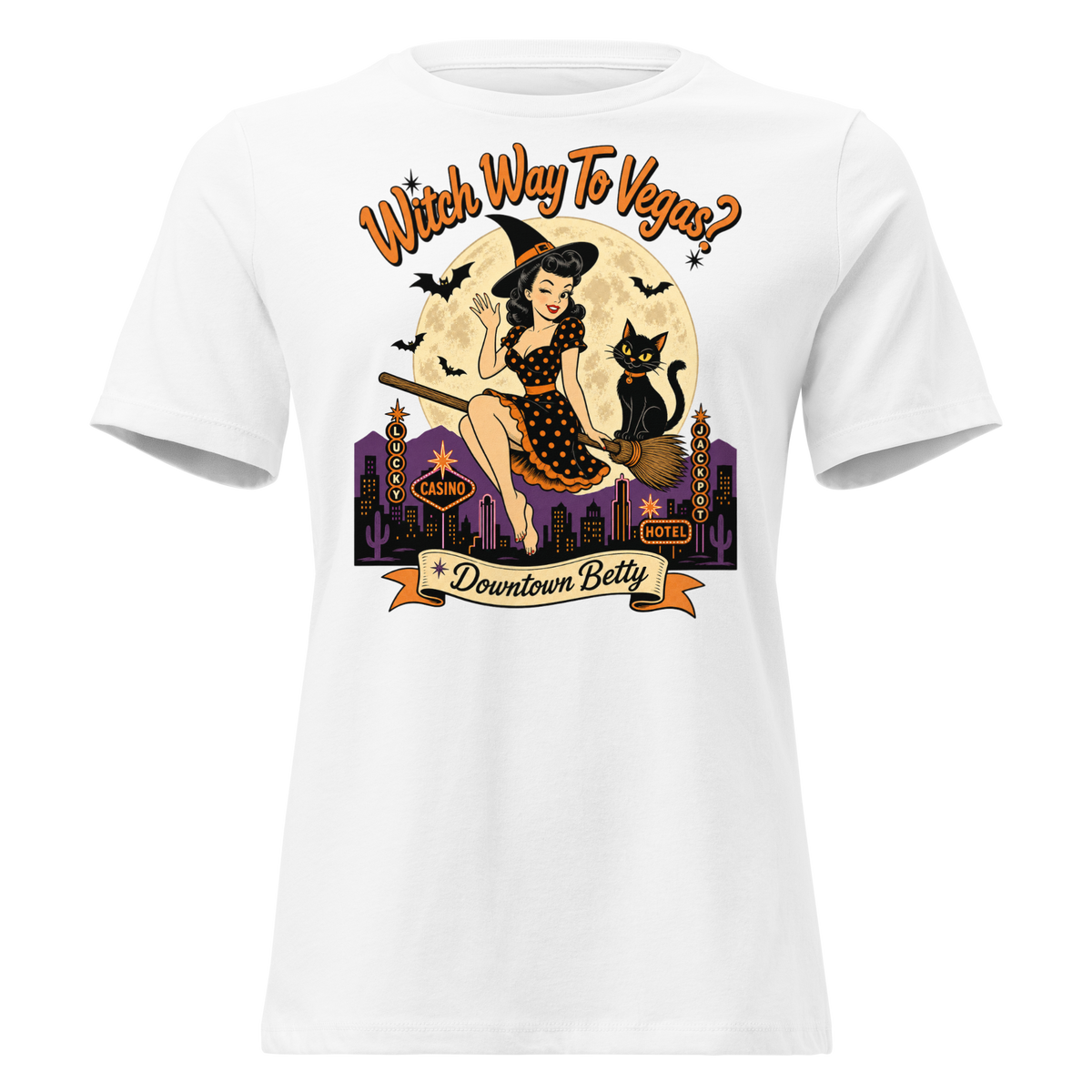 Witch Way To Vegas Relaxed T-Shirt in White, front view, retro pinup witch and black cat Halloween graphic