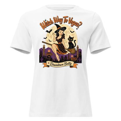 Witch Way To Vegas Relaxed T-Shirt in White, front view, retro pinup witch and black cat Halloween graphic