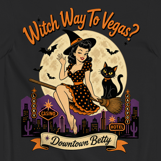 Witch Way To Vegas T-Shirt in Black, close-up of the back print, Downtown Betty pinup witch on a broom over a neon Vegas skyline