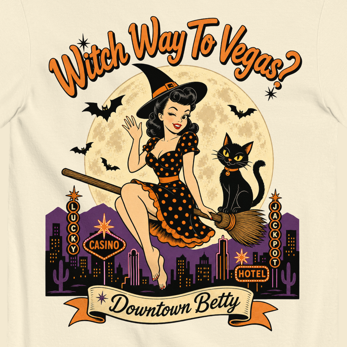 Witch Way To Vegas T-Shirt in Ivory, close-up of the back print, Downtown Betty pinup witch on a broom over a neon Vegas skyline