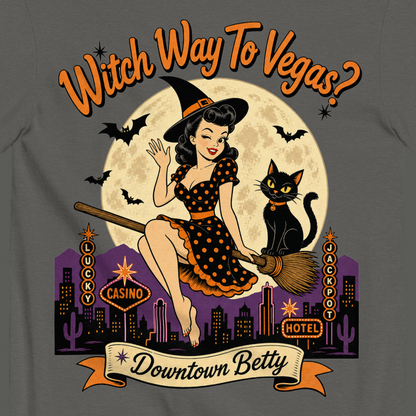 Witch Way To Vegas T-Shirt in Pepper, close-up of the back print, Downtown Betty pinup witch on a broom over a neon Vegas skyline