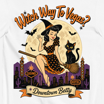 Witch Way To Vegas T-Shirt in White, close-up of the back print, Downtown Betty pinup witch on a broom over a neon Vegas skyline