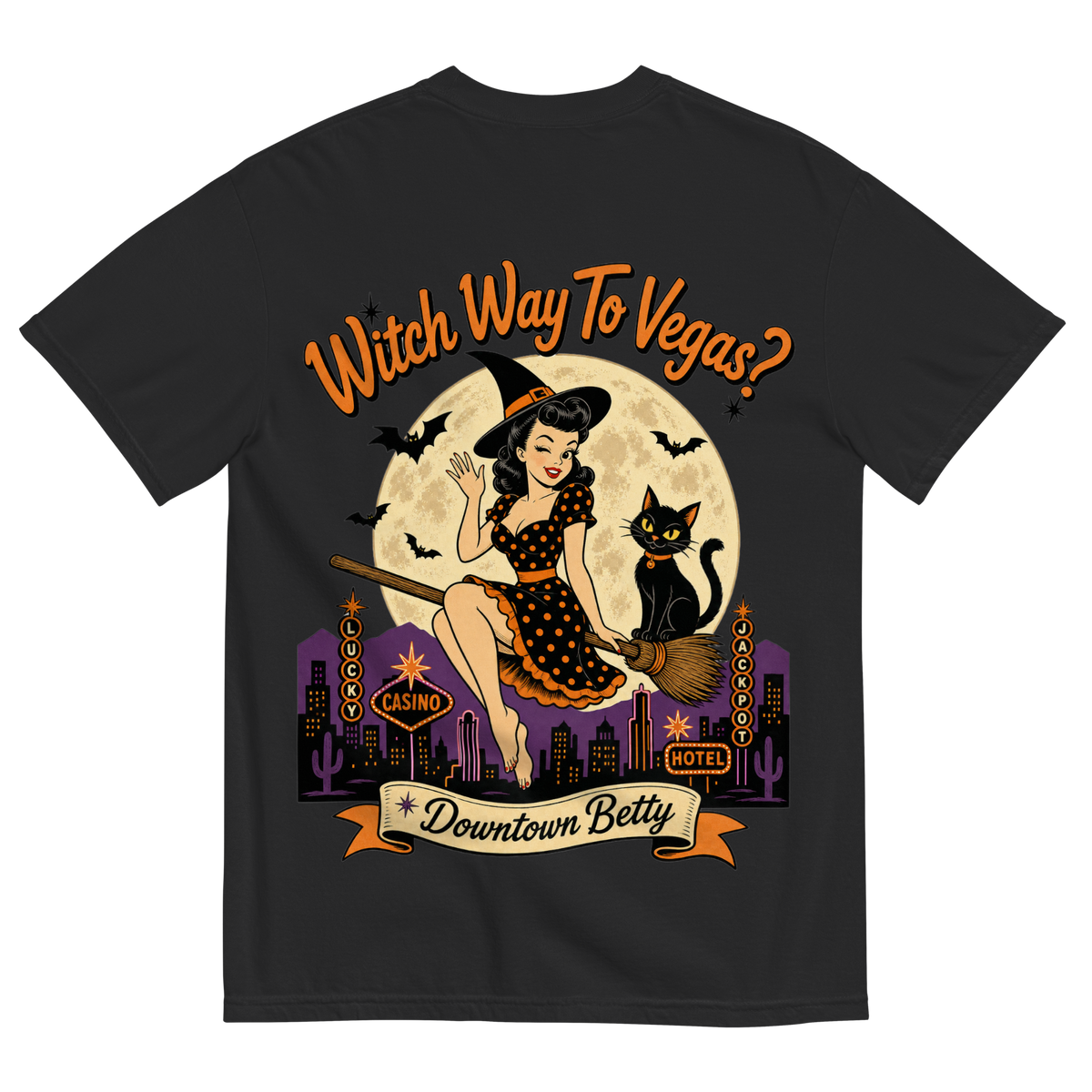 Witch Way To Vegas T-Shirt in Black, back print, retro pinup witch and black cat Halloween graphic