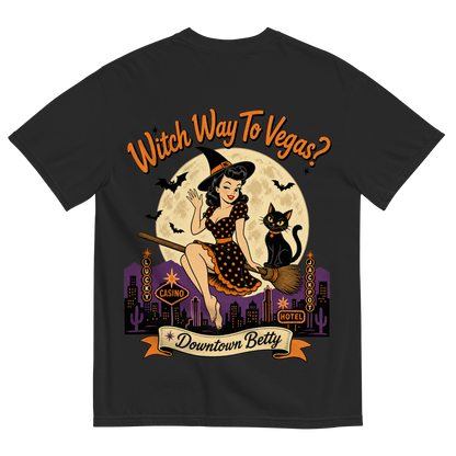 Witch Way To Vegas T-Shirt in Black, back print, retro pinup witch and black cat Halloween graphic