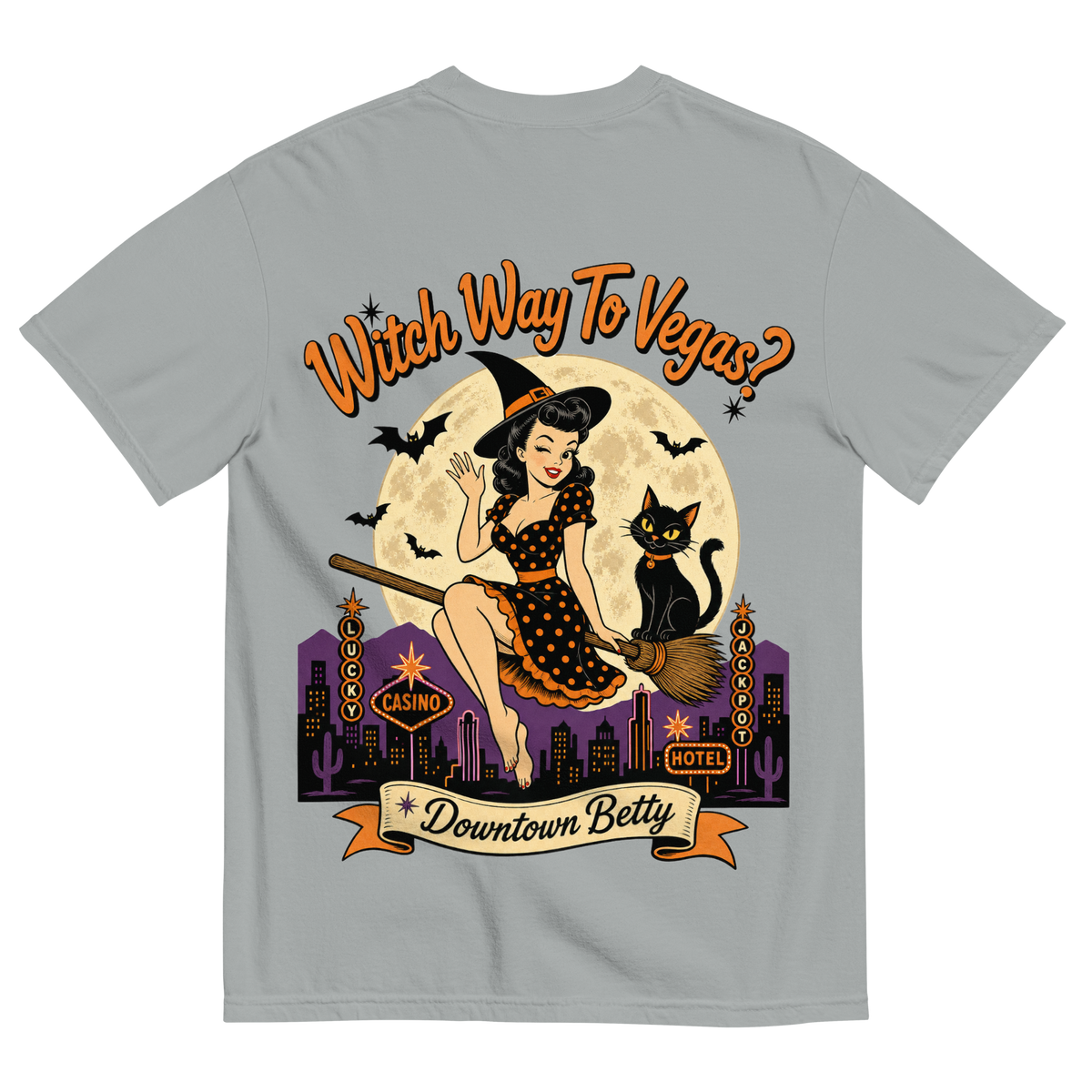 Witch Way To Vegas T-Shirt in Granite, back print, retro pinup witch and black cat Halloween graphic