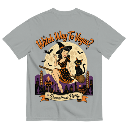 Witch Way To Vegas T-Shirt in Granite, back print, retro pinup witch and black cat Halloween graphic