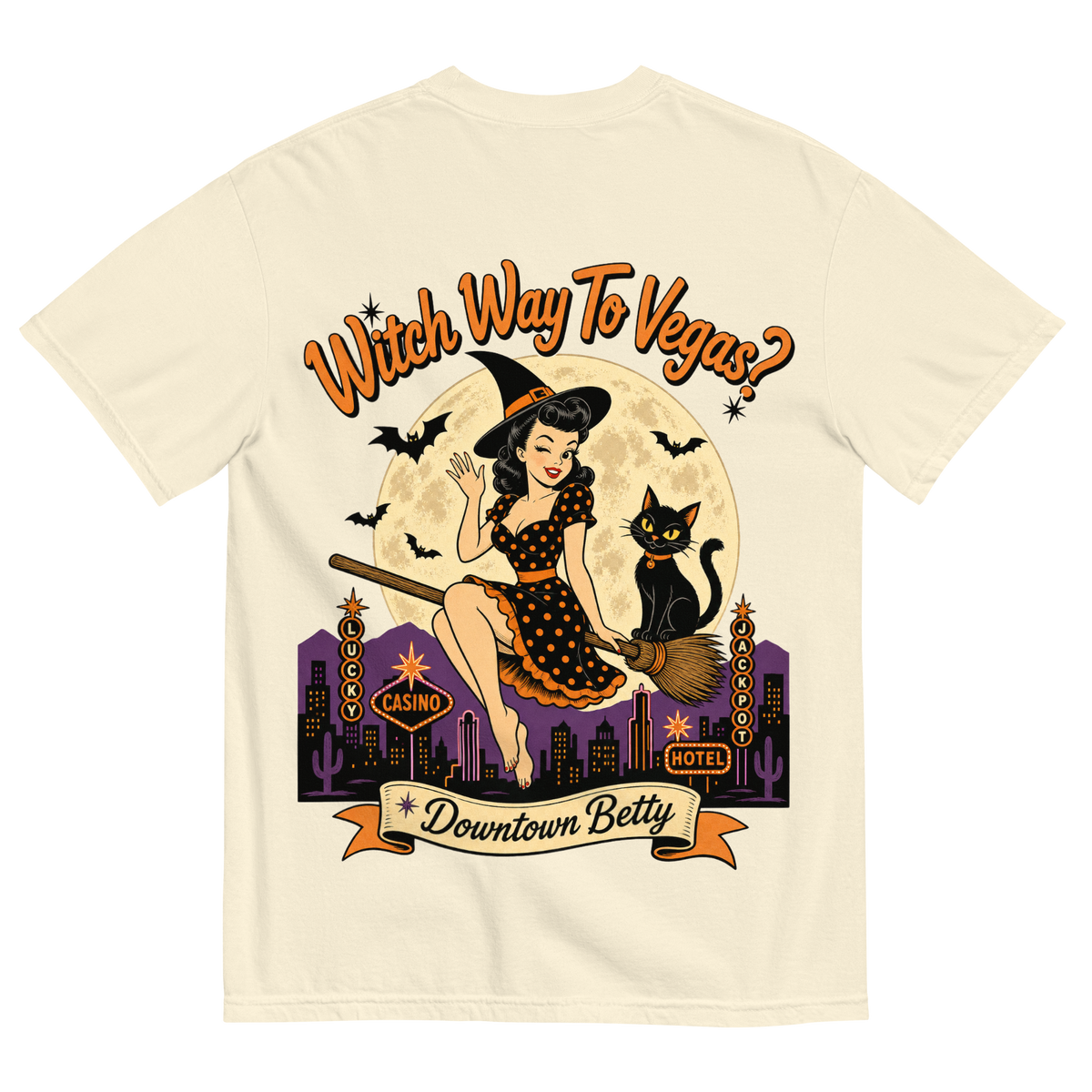 Witch Way To Vegas T-Shirt in Ivory, back print, retro pinup witch and black cat Halloween graphic