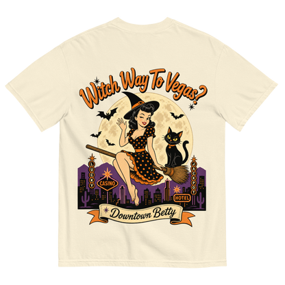 Witch Way To Vegas T-Shirt in Ivory, back print, retro pinup witch and black cat Halloween graphic
