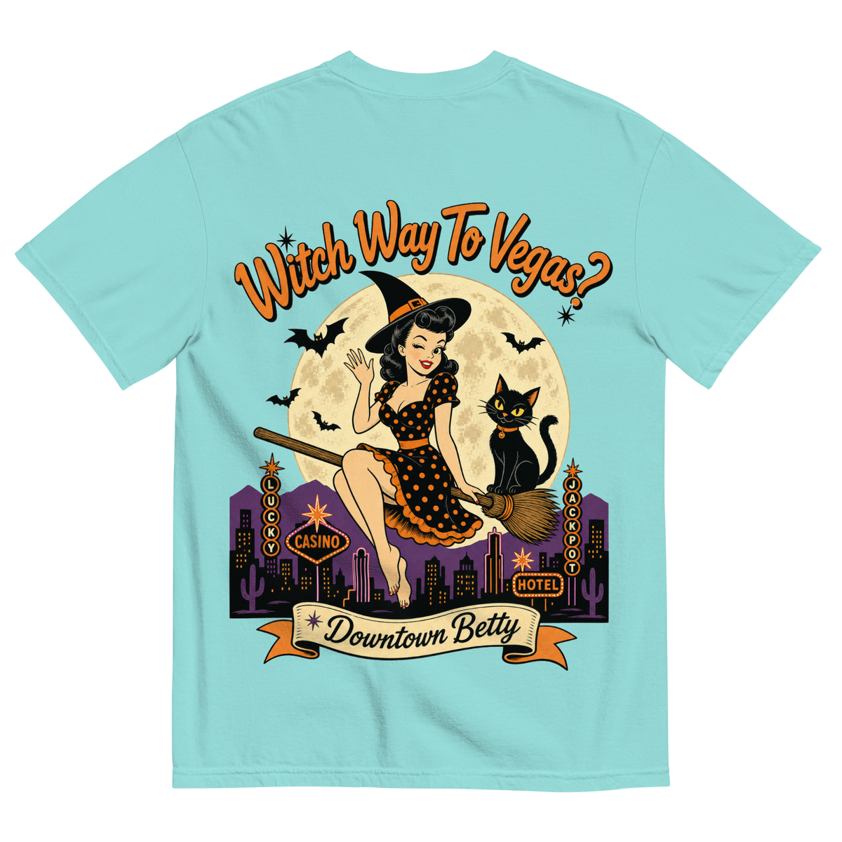 Witch Way To Vegas T-Shirt in Lagoon Blue, back print, retro pinup witch and black cat Halloween graphic