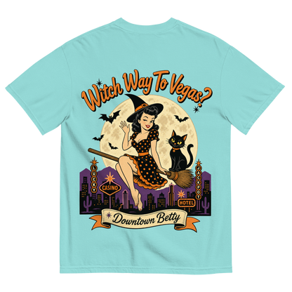 Witch Way To Vegas T-Shirt in Lagoon Blue, back print, retro pinup witch and black cat Halloween graphic