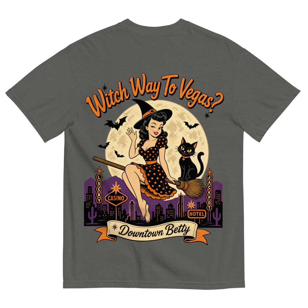 Witch Way To Vegas T-Shirt in Pepper, back print, retro pinup witch and black cat Halloween graphic