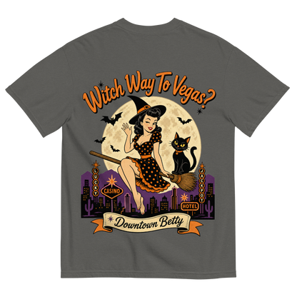 Witch Way To Vegas T-Shirt in Pepper, back print, retro pinup witch and black cat Halloween graphic